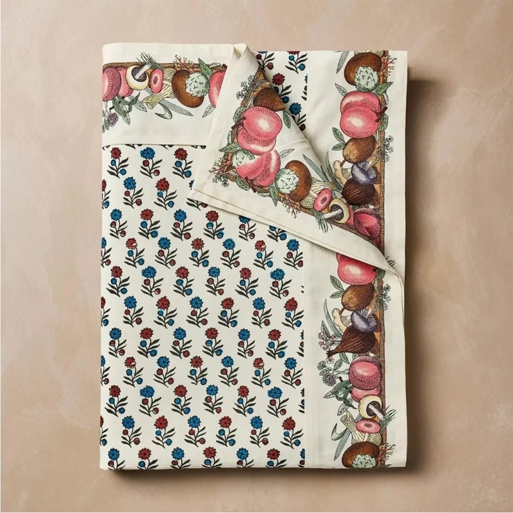 JOHN DERIAN 60x104 Block Printed TABLECLOTH Fall Flowers Fruit COTTON LINEN NWT